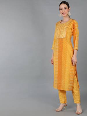 mustard color printed silk blend styles kurta trouser with dupatta 3