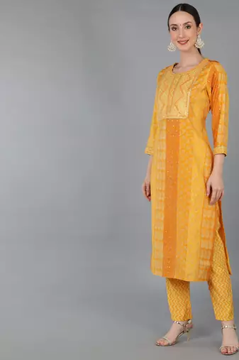 mustard color printed silk blend styles kurta trouser with dupatta