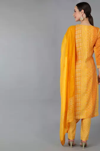 mustard color printed silk blend styles kurta trouser with dupatta