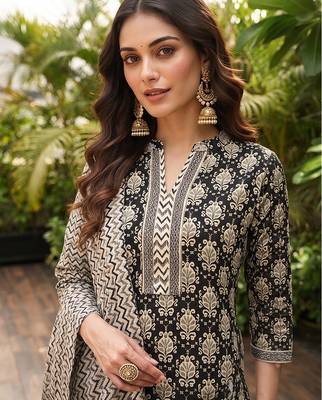 black color printed rayon styles kurta trouser with dupatta 1