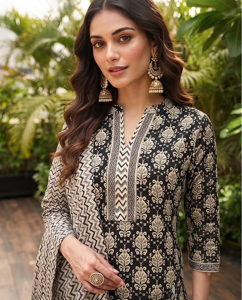 black color printed rayon styles kurta trouser with dupatta