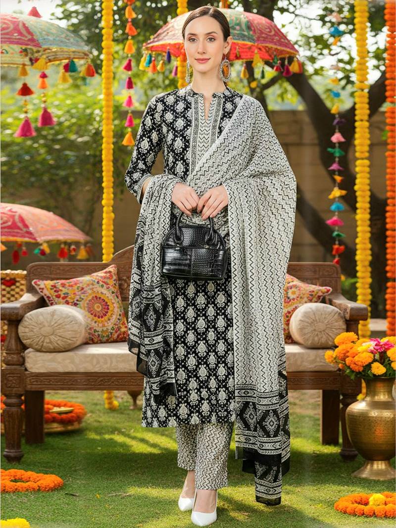 black color printed rayon styles kurta trouser with dupatta