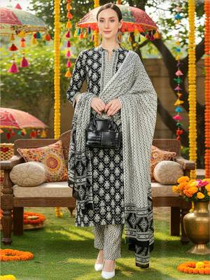 black color printed rayon styles kurta trouser with dupatta 1