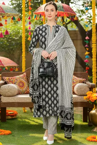 black color printed rayon styles kurta trouser with dupatta