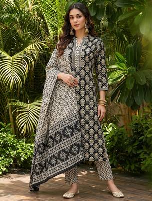 black color printed rayon styles kurta trouser with dupatta 2