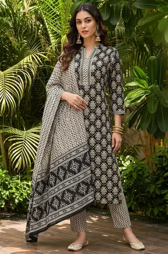 black color printed rayon styles kurta trouser with dupatta