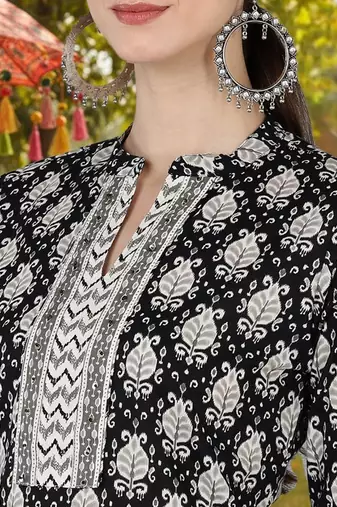 black color printed rayon styles kurta trouser with dupatta