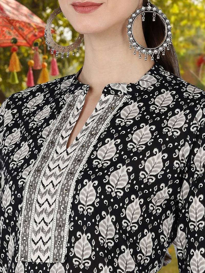 black color printed rayon styles kurta trouser with dupatta