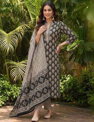 black color printed rayon styles kurta trouser with dupatta 3