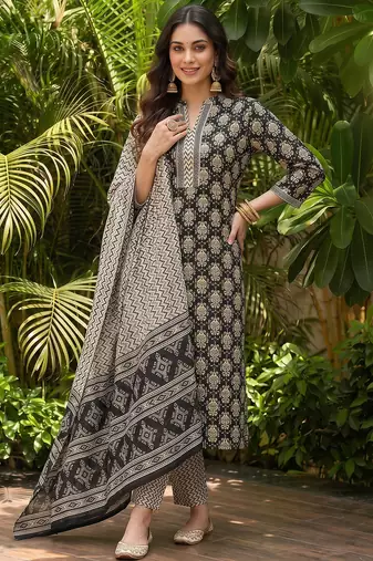 black color printed rayon styles kurta trouser with dupatta