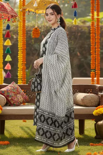black color printed rayon styles kurta trouser with dupatta