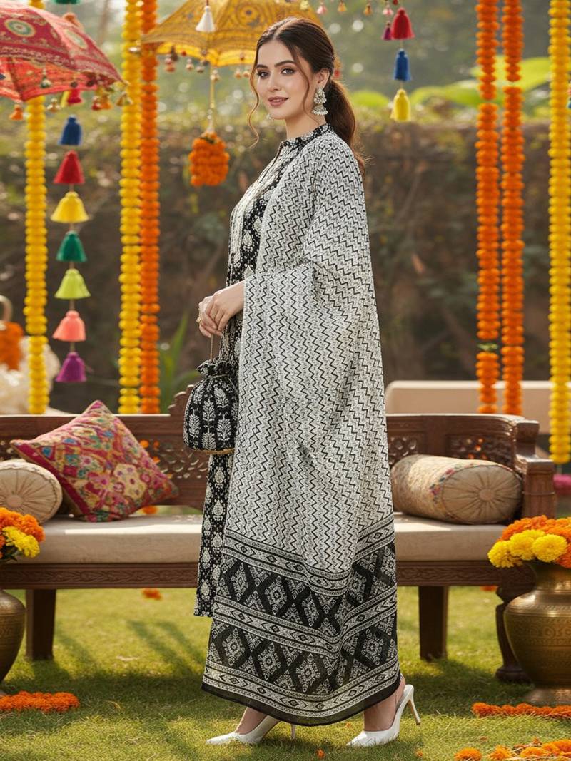 black color printed rayon styles kurta trouser with dupatta