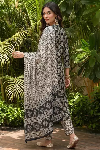 black color printed rayon styles kurta trouser with dupatta
