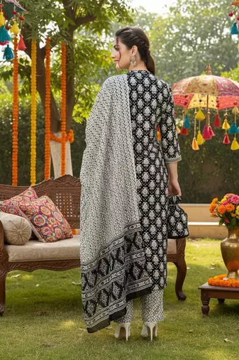 black color printed rayon styles kurta trouser with dupatta