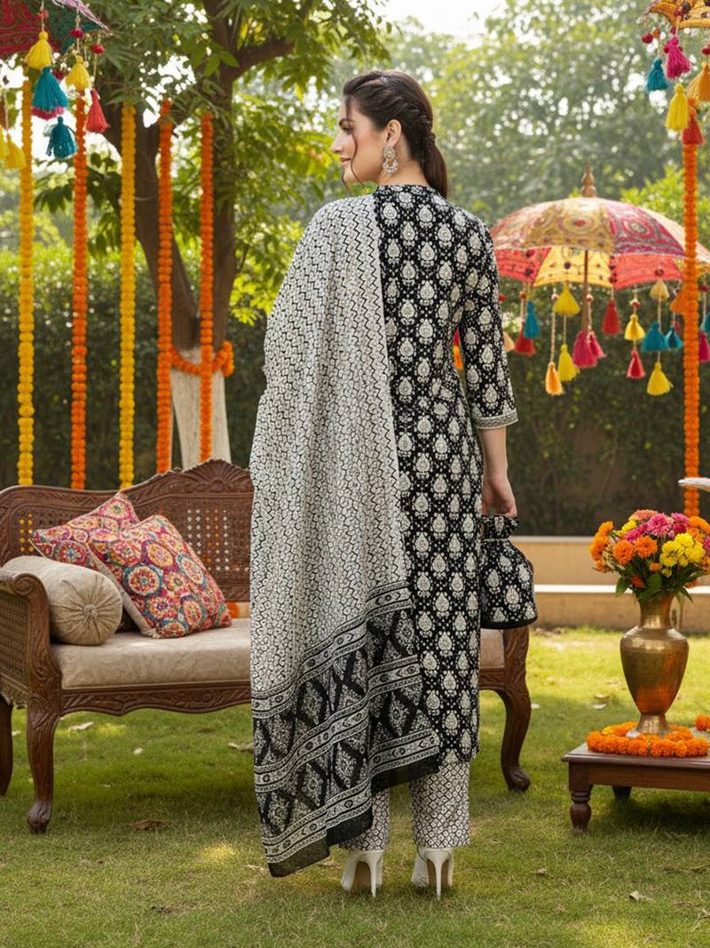 black color printed rayon styles kurta trouser with dupatta