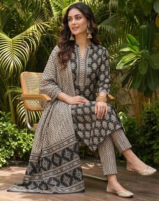 black color printed rayon styles kurta trouser with dupatta 5