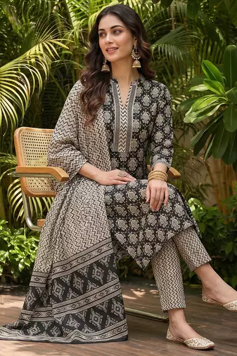 black color printed rayon styles kurta trouser with dupatta