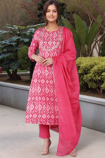 pink color yoke design pure cotton styles kurta trouser with dupatta
