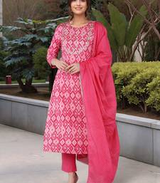 pink color yoke design pure cotton styles kurta trouser with dupatta