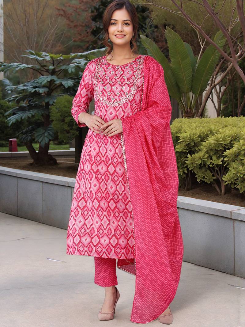 pink color yoke design pure cotton styles kurta trouser with dupatta
