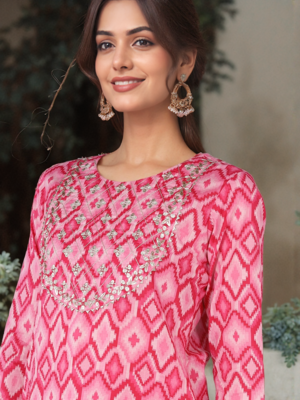 pink color yoke design pure cotton styles kurta trouser with dupatta 2