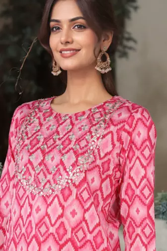 pink color yoke design pure cotton styles kurta trouser with dupatta