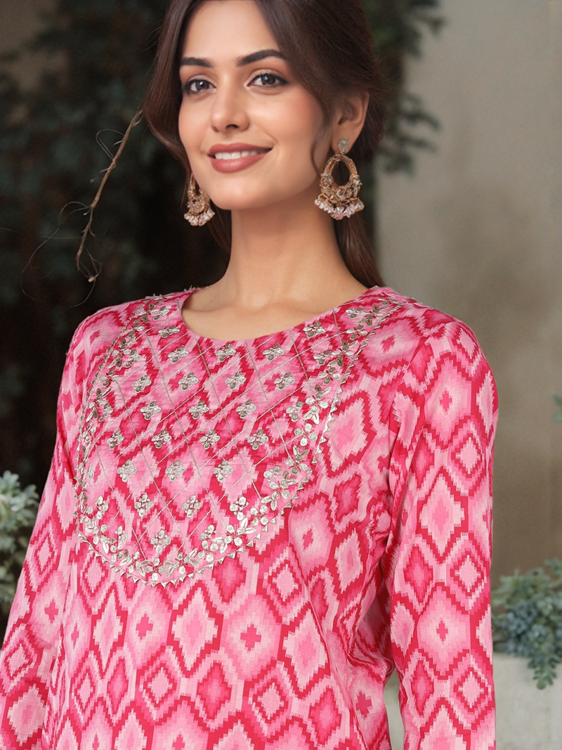 pink color yoke design pure cotton styles kurta trouser with dupatta