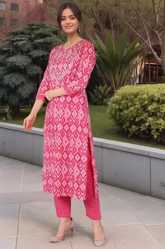 pink color yoke design pure cotton styles kurta trouser with dupatta