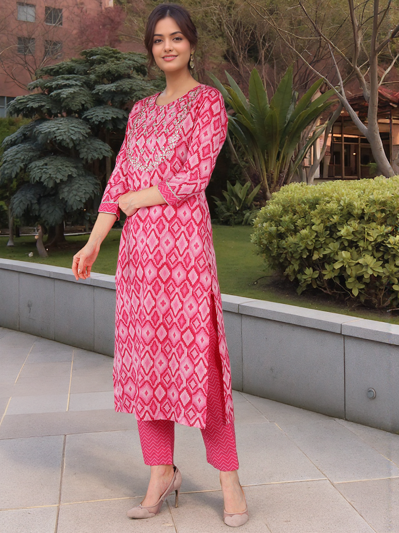 pink color yoke design pure cotton styles kurta trouser with dupatta