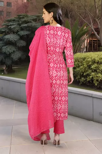 pink color yoke design pure cotton styles kurta trouser with dupatta