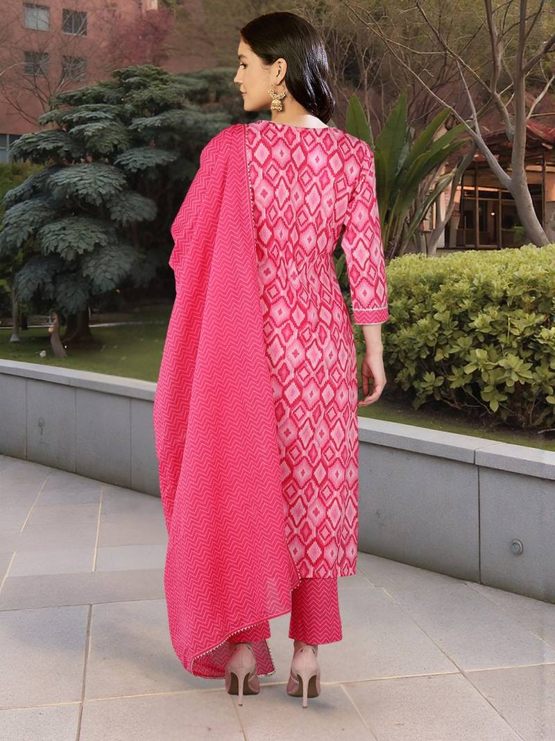 pink color yoke design pure cotton styles kurta trouser with dupatta