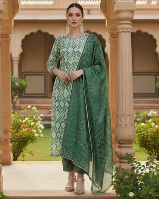 green color printed pure cotton styles kurta trouser with dupatta 1