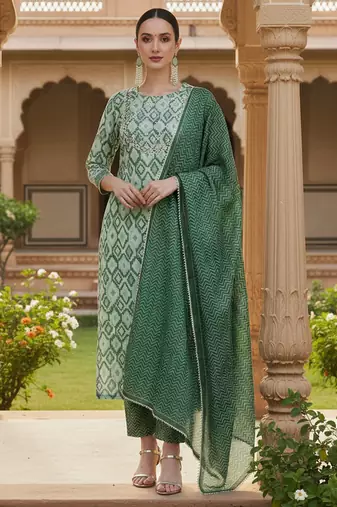 green color printed pure cotton styles kurta trouser with dupatta