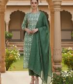 green color printed pure cotton styles kurta trouser with dupatta