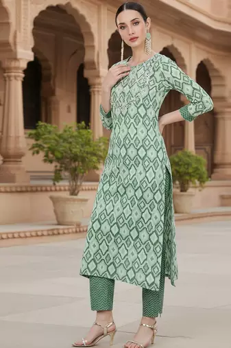 green color printed pure cotton styles kurta trouser with dupatta