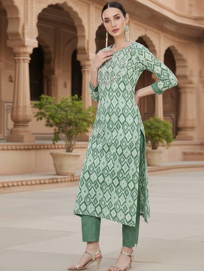 green color printed pure cotton styles kurta trouser with dupatta