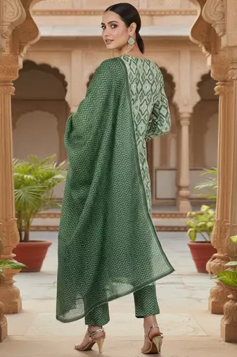 green color printed pure cotton styles kurta trouser with dupatta