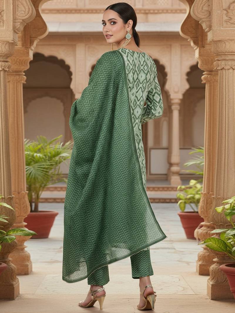 green color printed pure cotton styles kurta trouser with dupatta