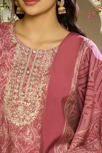 pink color embroidered silk blend styles kurta trouser with dupatta