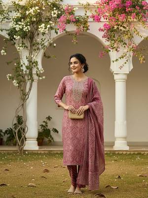 pink color embroidered silk blend styles kurta trouser with dupatta 3