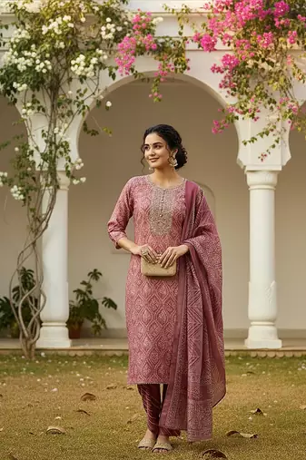 pink color embroidered silk blend styles kurta trouser with dupatta