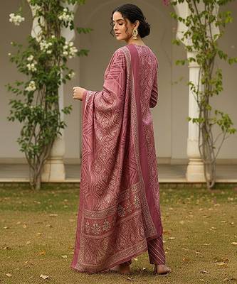 pink color embroidered silk blend styles kurta trouser with dupatta 4