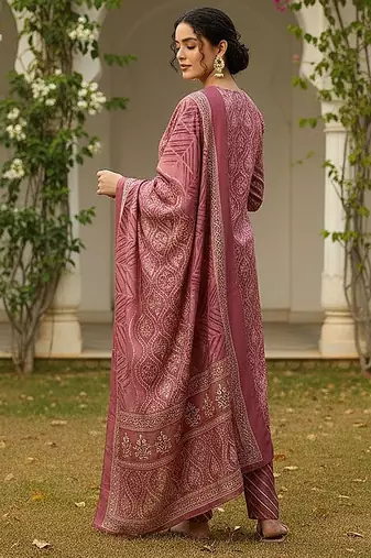pink color embroidered silk blend styles kurta trouser with dupatta