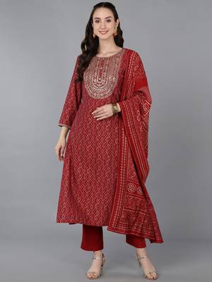 red color embroidered silk blend styles kurta trouser with dupatta 1