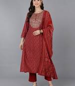 red color embroidered silk blend styles kurta trouser with dupatta