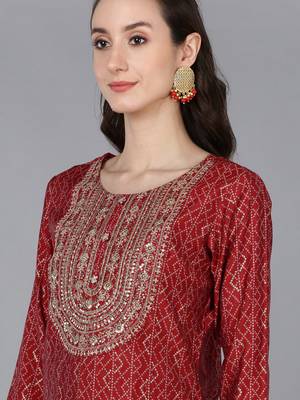 red color embroidered silk blend styles kurta trouser with dupatta 2