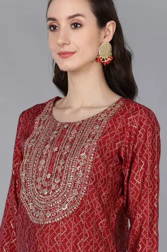 red color embroidered silk blend styles kurta trouser with dupatta