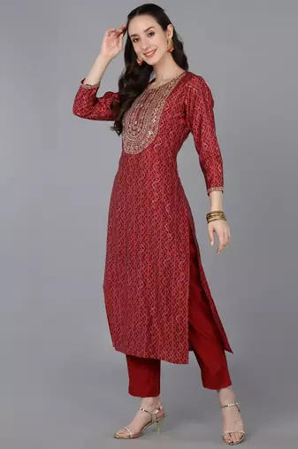 red color embroidered silk blend styles kurta trouser with dupatta