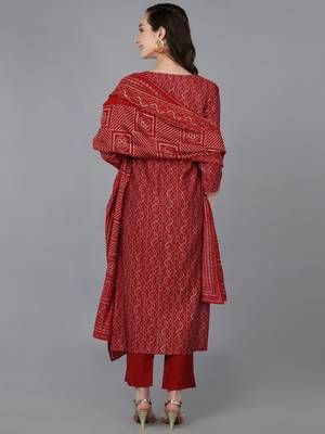 red color embroidered silk blend styles kurta trouser with dupatta 4
