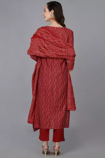 red color embroidered silk blend styles kurta trouser with dupatta